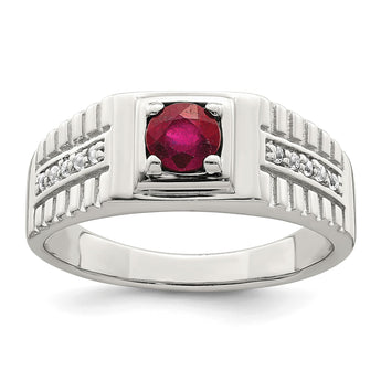 Sterling Silver Rhod-plated Men's African Ruby and White Topaz Ring - Birthstone Company