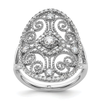 Sterling Silver Rhodium-plated CZ Filigree Oval Ring
