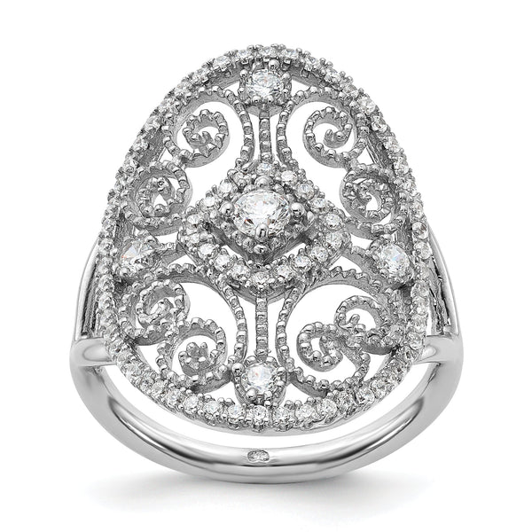 Sterling Silver Rhodium-plated CZ Filigree Oval Ring