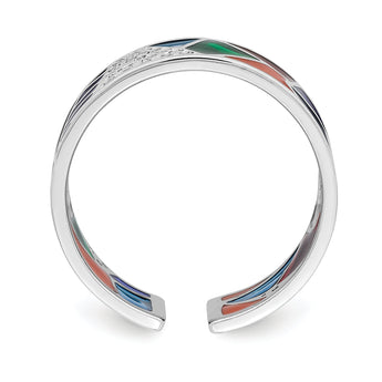 Sterling Silver Rhodium-plated Abstract Multi-color Enamel & CZ Cuff Ring