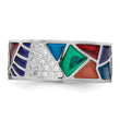 Sterling Silver Rhodium-plated Abstract Multi-color Enamel & CZ Cuff Ring