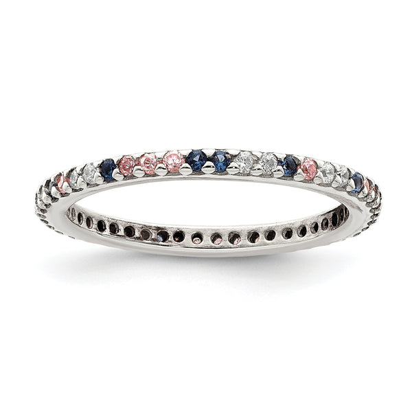 Sterling Silver Rhodium-plated with Blue, Pink & Clear CZ Ring