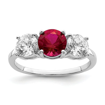 Sterling Silver Rhodium-plated Created Corundum & CZ 3 Stone Ring