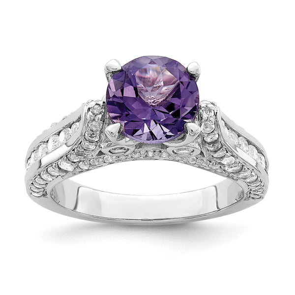 Sterling Silver Rhodium-Plated 8mm Amethyst & White Topaz Ring - Birthstone Company
