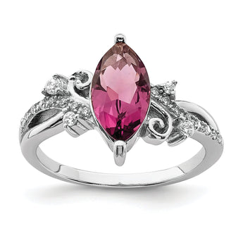 Sterling Silver Rhodium-plated Red Glass Marquise Stone & CZ Ring
