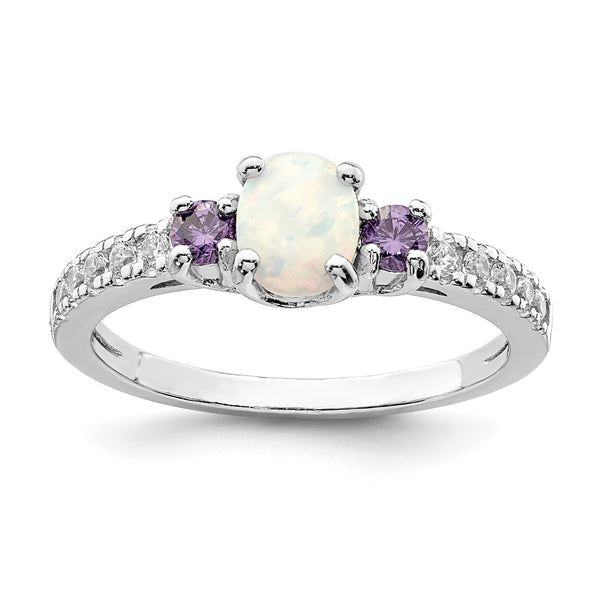 Sterling Silver Rhodium-plated Lab Created Opal/CZ Ring - Birthstone Company