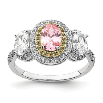 Sterling Silver Rhodium-plated Pink, White, & Yellow CZ Oval Cut Ring