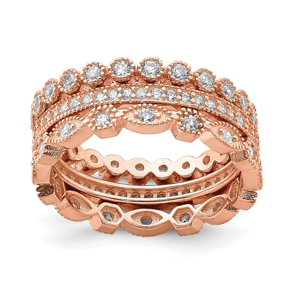 Sterling Silver Rose-tone CZ Set of 3 Eternity Rings - Birthstone Company