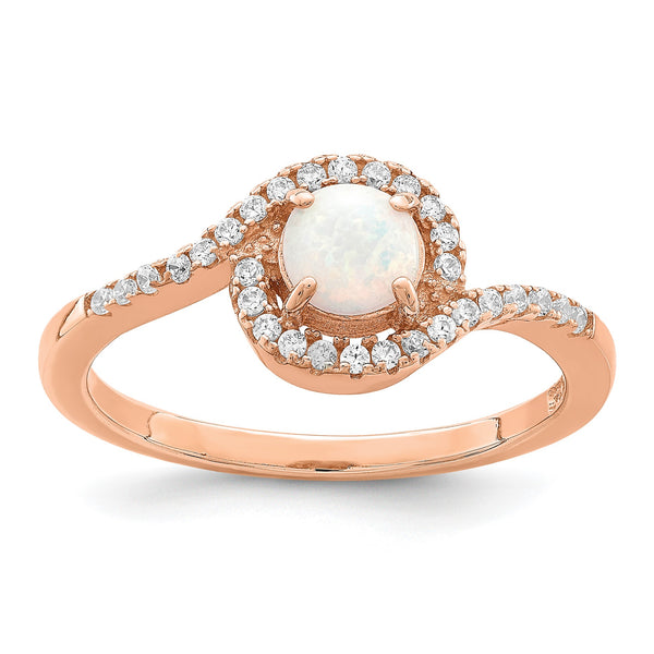 Sterling Silver Rose-tone Created Opal and CZ Halo Ring - Birthstone Company