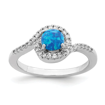 Sterling Silver Rhodium-plated Created Blue Opal /CZ Halo Ring - Birthstone Company