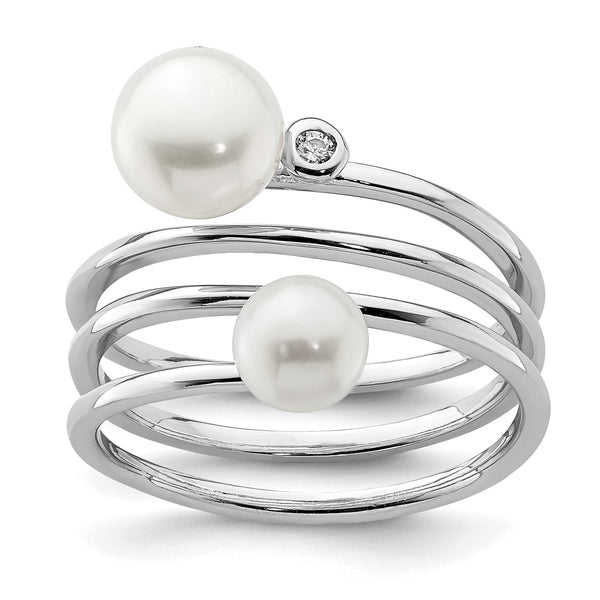 Sterling Silver Rhodium-plated 5-7mm White Button Freshwater Cultured Pearl and CZ Adjustable Ring - Birthstone Company