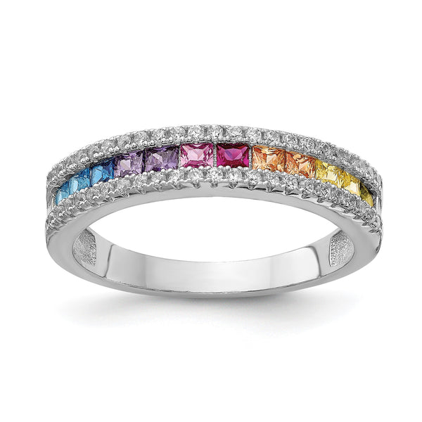 Prizma Sterling Silver Rhodium-plated Princess White and Colorful Channel-Set CZ Ring - Birthstone Company