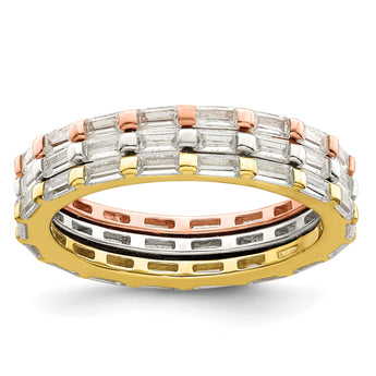 Sterling Silver Rose & Gold-tone Baguette CZ Eternity 3 Band Set - Birthstone Company