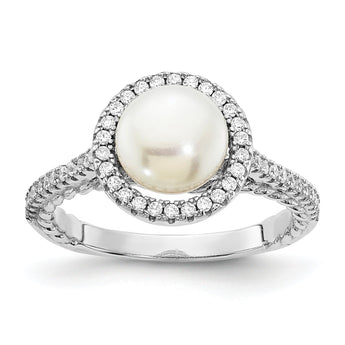 Sterling Silver Rhod-plated CZ 7-8mm Button White FWC Pearl Ring