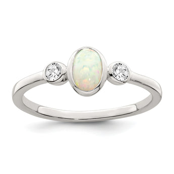 Sterling Silver Polished Cubic Zirconi and White Created Opal Ring - Birthstone Company