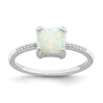 Sterling Silver Rhodium-plated Polished Square White Created Opal Ring - Birthstone Company