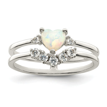 Sterling Silver CZ & Heart Created White Opal Double Band Ring - Birthstone Company