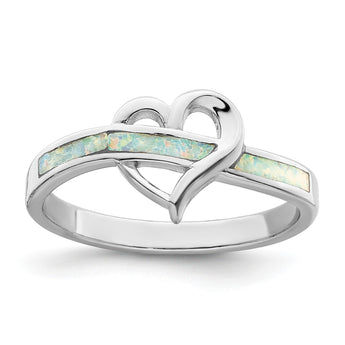 Sterling Silver Rhodium-plated White Created Opal Inlay Heart Ring - Birthstone Company