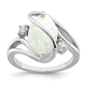 Sterling Silver Rhodium-plated White Created Opal & CZ Twist Ring - Birthstone Company