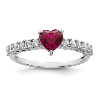Sterling Silver Polished Rhodium-plated Created Ruby and CZ Heart Ring - Birthstone Company