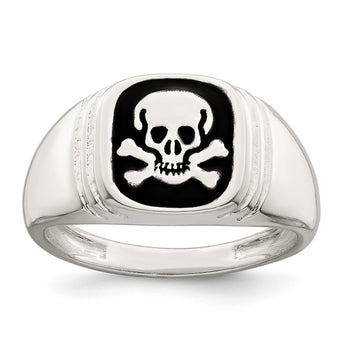Sterling Silver Black Enameled Mens Skull and Crossbones Ring - Birthstone Company