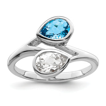 Sterling Silver Rhodium-plated Polished Blue & White Topaz ByPass Ring - Birthstone Company