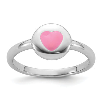 Sterling Silver Rhodium-plated Polished Pink Enamel Heart Children's Ring