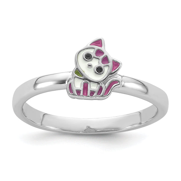 Sterling Silver Rhodium-plated Multi-color Enameled Cat Children's Ring