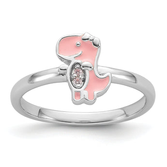 Sterling Silver Rhodium-plated Pink Enamel & CZ Dinosaur Children's Ring