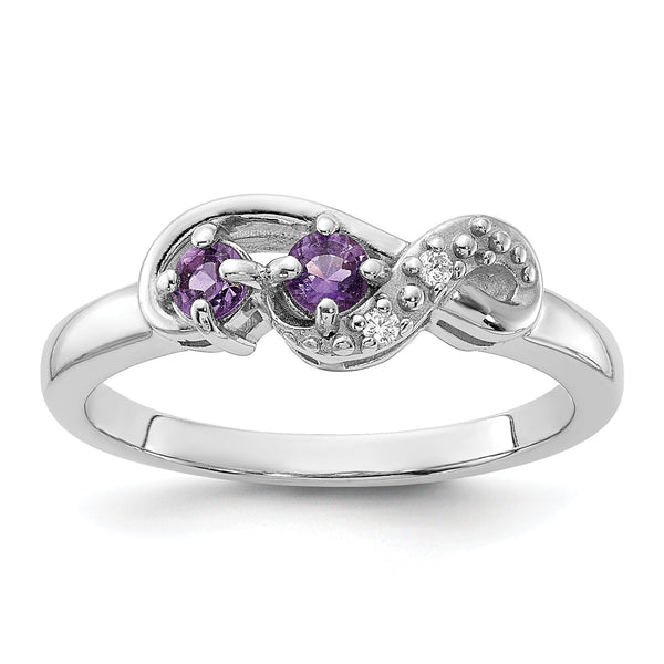 Sterling Silver Rhodium-plated Amethyst and CZ Swirl Ring