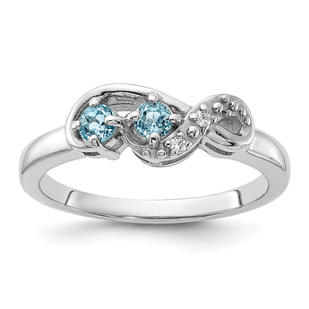 Sterling Silver Rhodium-Plated Light SwiSterling Silver Blue Topaz and Cubic Zirconi Swirl Ring - Birthstone Company