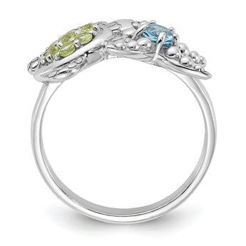 Sterling Silver Rhodium-plated Peridot and Light Swiss Blue Topaz Turtle and Starfish Ring - Birthstone Company