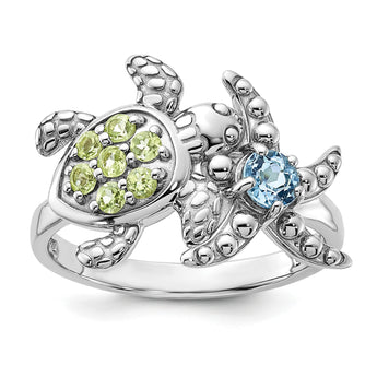 Sterling Silver Rhodium-plated Peridot and Light Swiss Blue Topaz Turtle and Starfish Ring - Birthstone Company