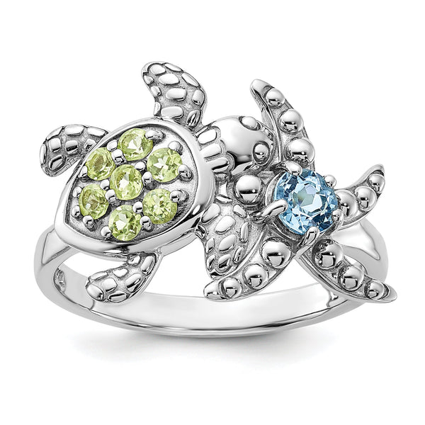 Sterling Silver Rh-plated Peridot / Lt Swiss Blue Topaz Turtle and Starfish