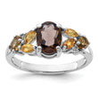SS Rh Smoky and Whiskey Quartz Citrine White Topaz Ring