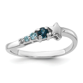 SS Rhodium London and Lt Swiss Blue Topaz and CZ Star Curve Ring - Birthstone Company