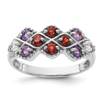 Sterling Silver Rhodium-plated Garnet Amethyst and White Topaz Ring - Birthstone Company