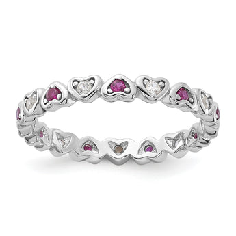 Sterling Silver Rhodium-Plated .14Lab Cr. Ruby and .27Cr. Wh Sapphire Heart Ring - Birthstone Company