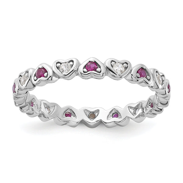 SS Rhodium-plated .14Lab Cr. Ruby and .27Cr. Wh Sapphire Heart Ring