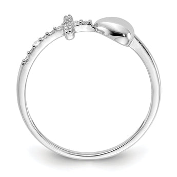 Sterling Silver Rhodium-plated Heart and CZ Cross Ring