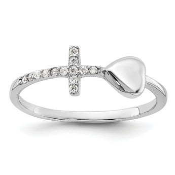 Sterling Silver Rhodium-plated Heart and CZ Cross Ring