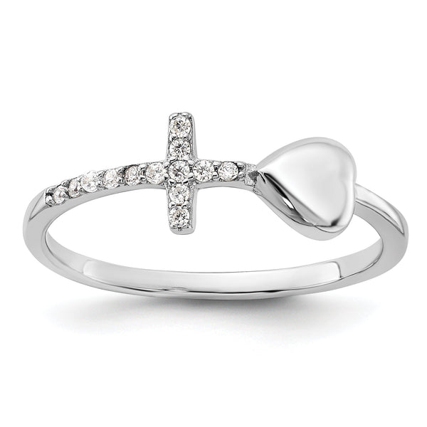 Sterling Silver Rhodium-plated Heart and CZ Cross Ring