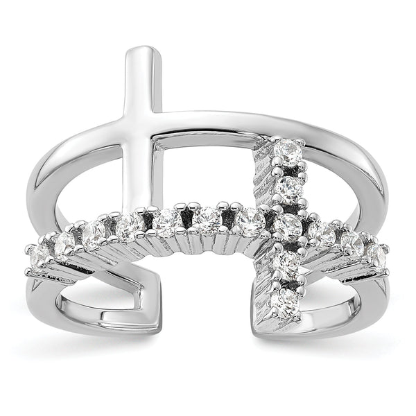 Sterling Silver Rhodium-plated  Double Cross CZ Open Back Ring
