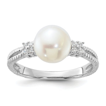 Sterling Silver Rhodium-plated 8-9mm White FWC Pearl and CZ Ring