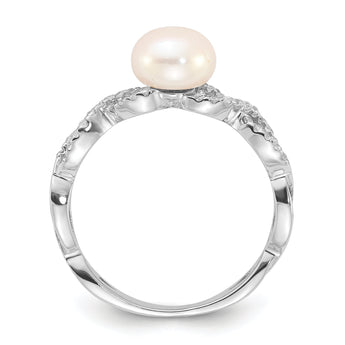 Sterling Silver RH-plated 7-8mm White FWC Pearl and CZ Infinity Ring