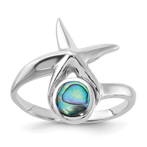 Sterling Silver Rhodium-Plated Polished Round Abalone with Starfish Ring - Birthstone Company