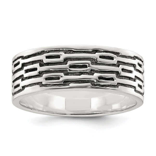 Sterling Silver Polished Oxidized Patterned Men's Band Ring - Birthstone Company