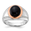 Sterling Silver RH-plated Rose Gold-plated Onyx and CZ Ring - Birthstone Company