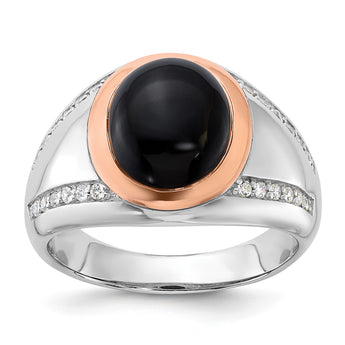 Sterling Silver RH-plated Rose Gold-plated Onyx and CZ Ring - Birthstone Company