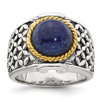 Sterling Silver Antiqued with Gold-plated Accent Polished Round Lapis Cabochon Woven Pattern Ring